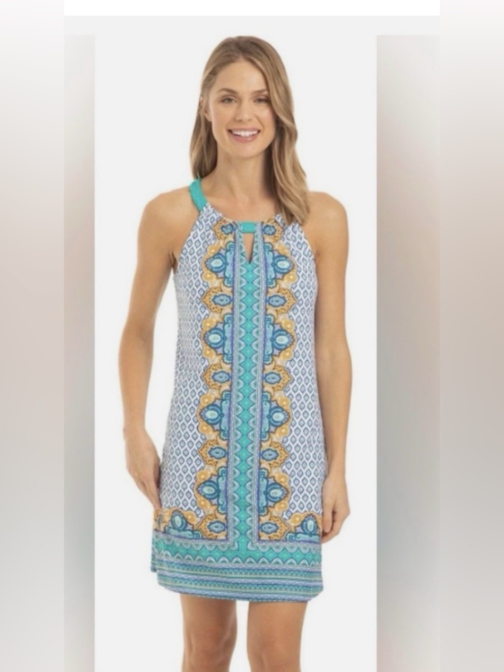Cabana Life SPF 50 Blue & Turquoise Patterned Halter Summer Dress